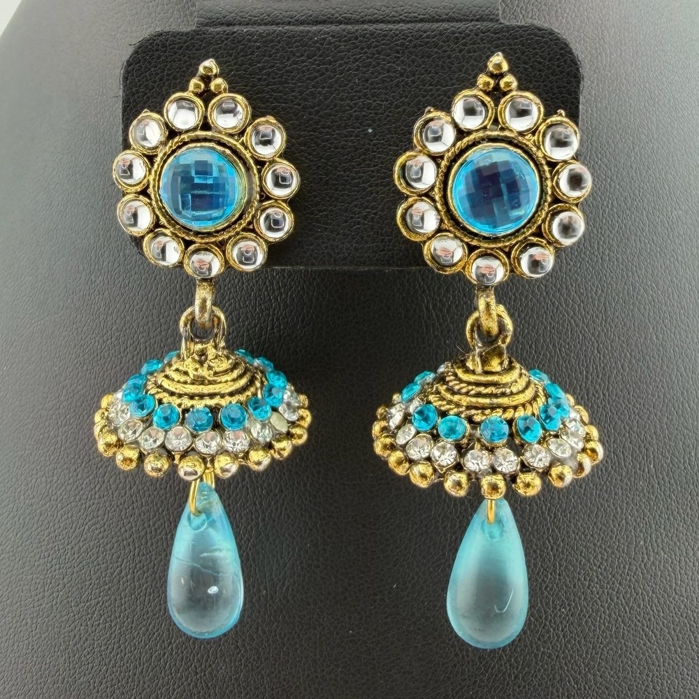 Vintage Style Jhumka Drop Earrings Blue Gold Tone Crystal Boho Statement